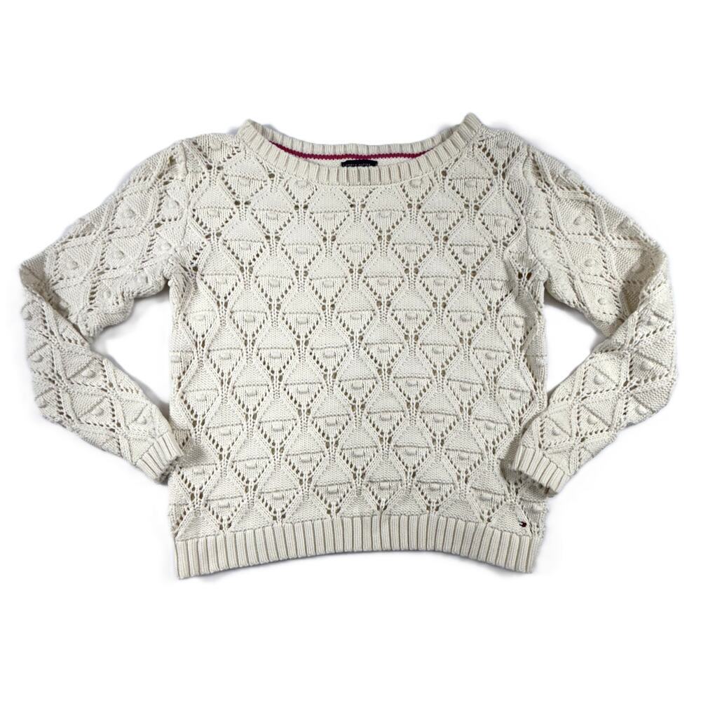 Tommy Hilfiger Women Cotton Ivory Crochet Bobble Knit Pullover Sweater Size S - Picture 1 of 9